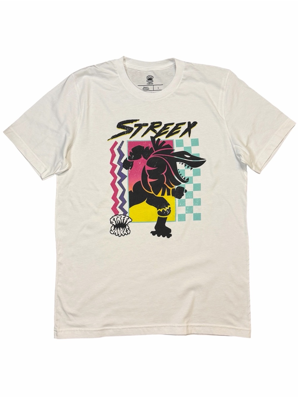 Street Sharks Mattel White Short Sleeve Tee with Retro Multicolor Graphic Streex